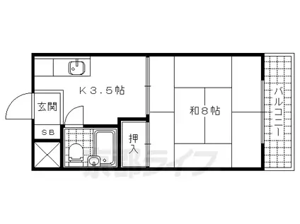 京都市東西線 小野駅(京都) 徒歩1分 3階建 築49年(1K/3階)の間取り写真