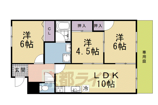 京都市東西線 石田駅(京都市営) 徒歩11分 3階建 築39年(3LDK/1階)の間取り写真