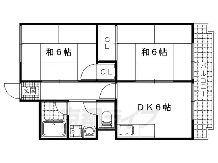 京都市東西線 椥辻駅 徒歩1分 3階建 築41年(2DK/2階)の間取り写真
