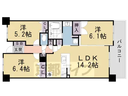 京都市東西線 東野駅(京都) 徒歩12分 5階建 築19年(3LDK/4階)の間取り写真