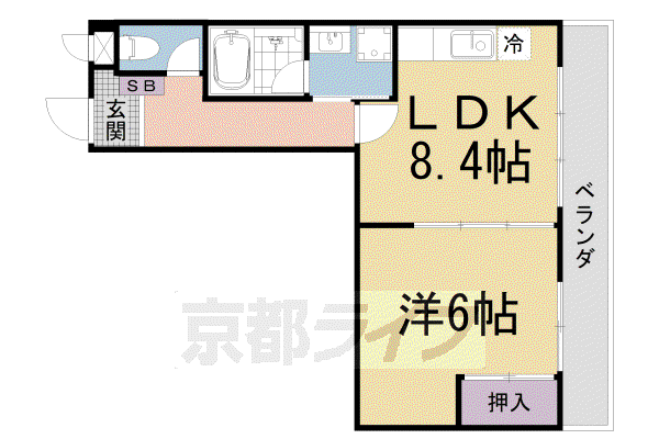 京都市東西線 椥辻駅 徒歩17分 6階建 築31年(1DK/4階)の間取り写真