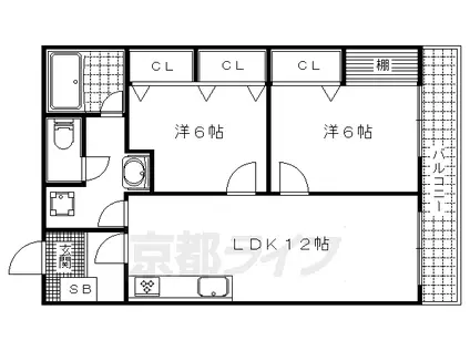 京都市東西線 椥辻駅 徒歩21分 6階建 築46年(2LDK/1階)の間取り写真