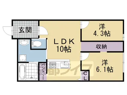 京都市東西線 椥辻駅 徒歩21分 6階建 築47年(2LDK/3階)の間取り写真