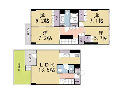 東海道本線 島本駅 徒歩2分 4階建 築50年(4LDK/1階)の間取り写真