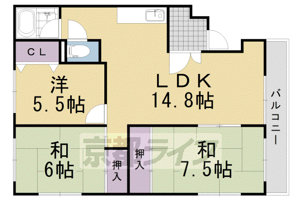 阪急電鉄京都線 長岡天神駅 徒歩20分 3階建 築38年(3LDK/3階)の間取り写真