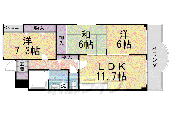 東海道本線 桂川駅(京都) 徒歩7分 7階建 築26年(3LDK/1階)の間取り写真