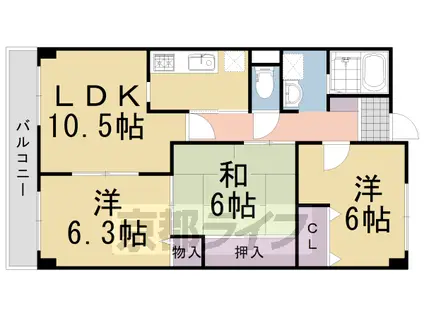 東海道本線 向日町駅 徒歩38分 4階建 築26年(3LDK/2階)の間取り写真