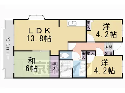 東海道本線 長岡京駅 徒歩42分 5階建 築32年(3LDK/5階)の間取り写真