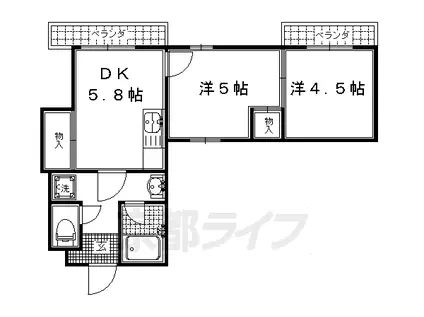 京都市烏丸線 北大路駅 徒歩15分 4階建 築36年(2DK/3階)の間取り写真
