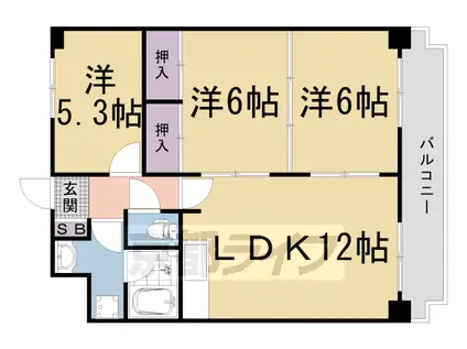京都市東西線 太秦天神川駅 徒歩17分 6階建 築33年(3LDK/1階)の間取り写真