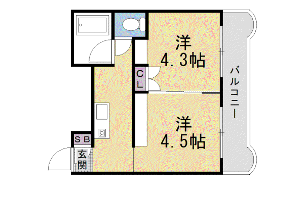 山陰本線 花園駅(京都) 徒歩7分 4階建 築38年(2K/3階)の間取り写真