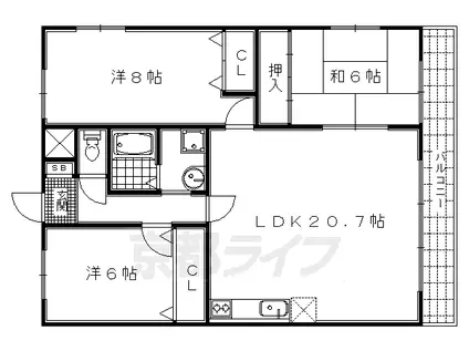 京都市烏丸線 北山駅(京都) 徒歩37分 3階建 築26年(3LDK/3階)の間取り写真
