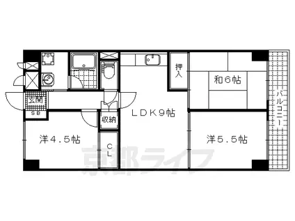 京阪電気鉄道京津線 四宮駅 徒歩8分 7階建 築50年(3LDK/1階)の間取り写真
