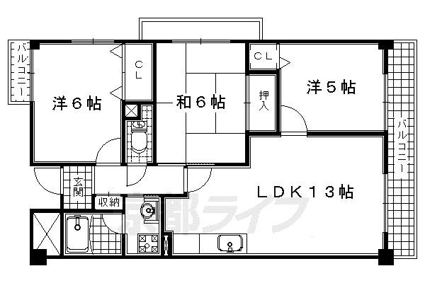 奈良線 城陽駅 徒歩4分 6階建 築29年(3LDK/2階)の間取り写真