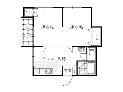 京都市東西線 御陵駅 徒歩25分 3階建 築55年(2DK/3階)の間取り写真