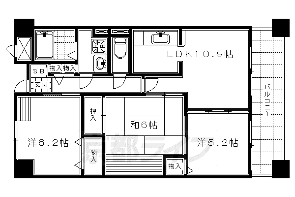 山陰本線 丹波口駅 徒歩9分 6階建 築24年(3LDK/4階)の間取り写真