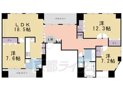 山陰本線 丹波口駅 徒歩9分 9階建 築19年(3LDK/7階)の間取り写真