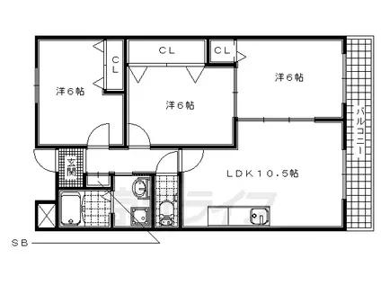 近鉄京都線 富野荘駅 徒歩3分 3階建 築27年(3LDK/1階)の間取り写真