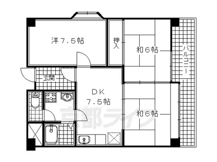 近鉄京都線 久津川駅 徒歩2分 5階建 築36年(3DK/5階)の間取り写真