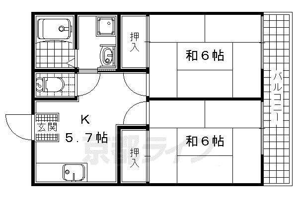 奈良線 城陽駅 徒歩6分 2階建 築36年(2DK/2階)の間取り写真