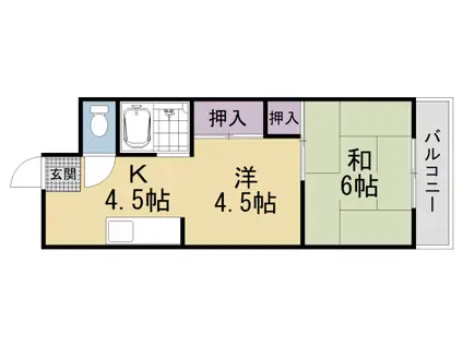 奈良線 城陽駅 徒歩7分 4階建 築42年(2DK/4階)の間取り写真