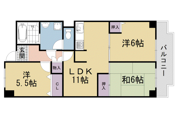 奈良線 木幡駅(ＪＲ) 徒歩7分 7階建 築48年(3LDK/2階)の間取り写真