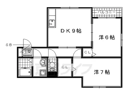 近鉄京都線 寺田駅(京都) 徒歩3分 2階建 築22年(2LDK/1階)の間取り写真