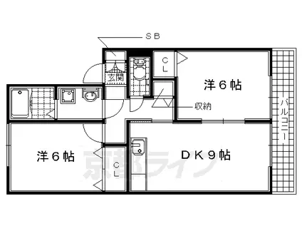 近鉄京都線 富野荘駅 徒歩5分 2階建 築22年(2LDK/1階)の間取り写真