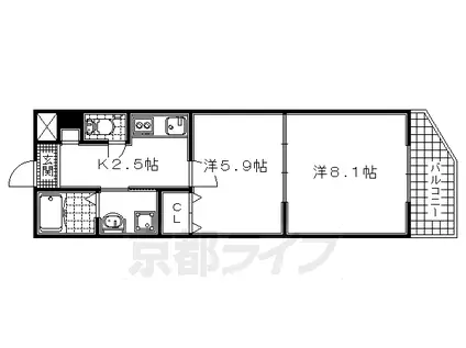 近鉄京都線 小倉駅(京都) 徒歩5分 3階建 築20年(2K/1階)の間取り写真
