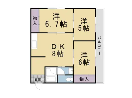 京都市烏丸線 北大路駅 徒歩25分 4階建 築43年(3DK/2階)の間取り写真