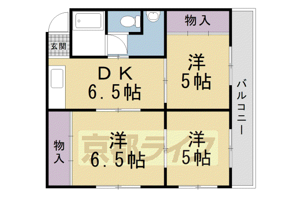 京都市烏丸線 北大路駅 徒歩25分 4階建 築43年(3DK/3階)の間取り写真