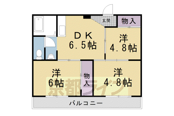京都市烏丸線 北大路駅 徒歩25分 4階建 築43年(3DK/3階)の間取り写真