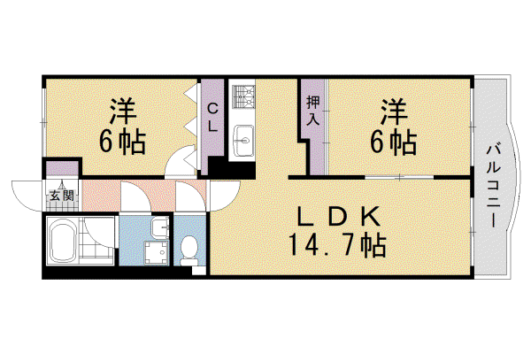 京都市烏丸線 松ケ崎駅(京都) 徒歩1分 6階建 築32年(2LDK/3階)の間取り写真