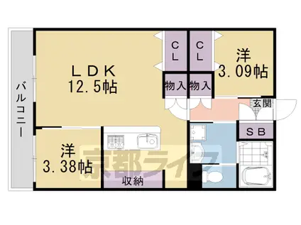 京福北野線 北野白梅町駅 徒歩12分 7階建 築55年(2LDK/2階)の間取り写真