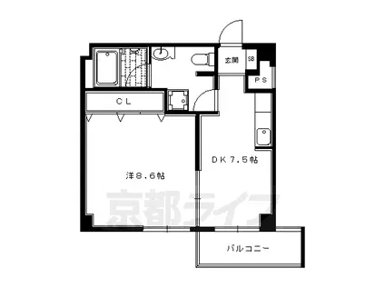 京都市烏丸線 烏丸御池駅 徒歩8分 4階建 築21年(1DK/3階)の間取り写真
