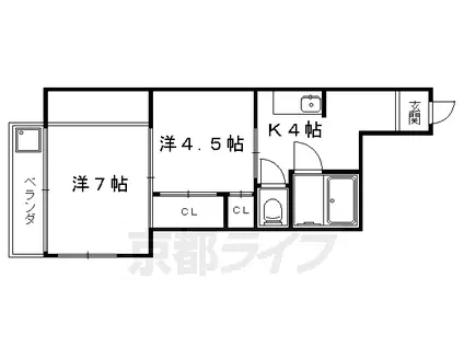 京都市烏丸線 北大路駅 徒歩39分 3階建 築46年(2K/3階)の間取り写真