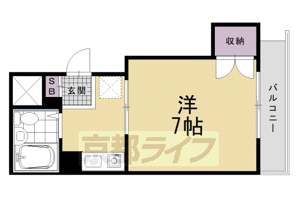 山陰本線 円町駅 徒歩5分 4階建 築33年(1K/4階)の間取り写真