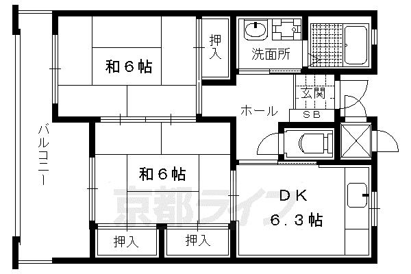 山陰本線 二条駅 徒歩15分 4階建 築29年(2DK/3階)の間取り写真