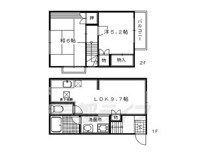 山陰本線 円町駅 徒歩7分 2階建 築35年(2DK/1階)の間取り写真