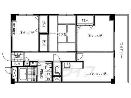 京福北野線 北野白梅町駅 徒歩15分 5階建 築27年(3DK/3階)の間取り写真