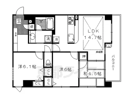 京都市烏丸線 今出川駅 徒歩10分 6階建 築25年(3LDK/3階)の間取り写真