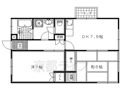京都市烏丸線 北山駅(京都) 徒歩14分 2階建 築37年(2DK/2階)の間取り写真