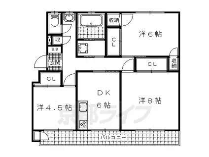 京都市東西線 椥辻駅 徒歩9分 4階建 築55年(3DK/3階)の間取り写真
