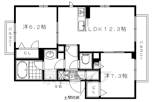 京都市烏丸線 北大路駅 徒歩23分 3階建 築6年(2LDK/2階)の間取り写真