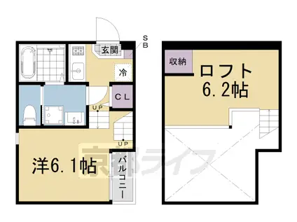 京都市東西線 東野駅(京都) 徒歩5分 2階建 築6年(1K/2階)の間取り写真