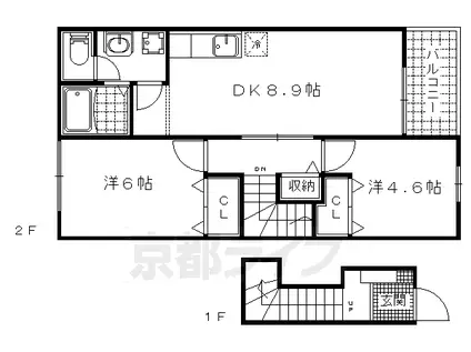 京都市東西線 小野駅(京都) 徒歩8分 2階建 築21年(2LDK/1階)の間取り写真