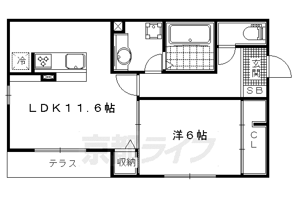 東海道本線 山科駅 徒歩8分 2階建 築14年(1LDK/1階)の間取り写真
