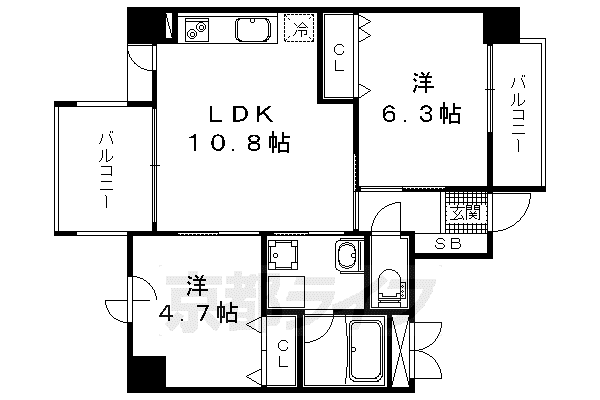 京都市東西線 東野駅(京都) 徒歩4分 7階建 築13年(2LDK/4階)の間取り写真