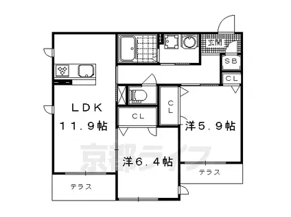 東海道本線 山科駅 徒歩12分 3階建 築13年(2LDK/1階)の間取り写真