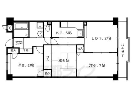 京都市烏丸線 松ケ崎駅(京都) 徒歩10分 5階建 築30年(3LDK/2階)の間取り写真
